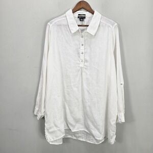 Jones New York JNY Tunic Top 2X White 100% Linen Popover Roll Tab Resortwear